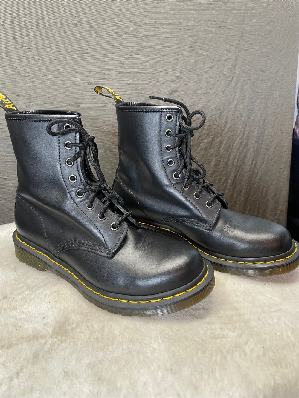 Dr. Martens‎ 11821 Black Leather 8-Eye Lace-Up Boots with Yellow Stitching